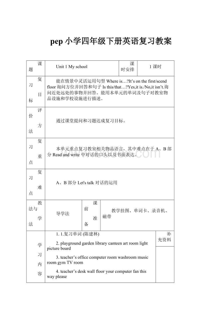 pep小学四年级下册英语复习教案Word文档格式.docx