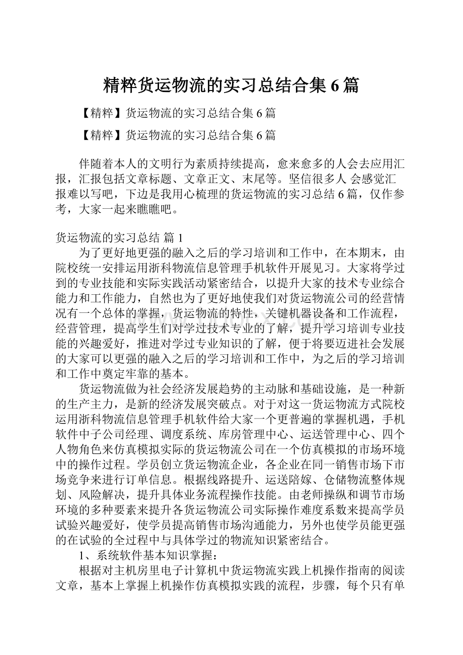 精粹货运物流的实习总结合集6篇Word格式.docx