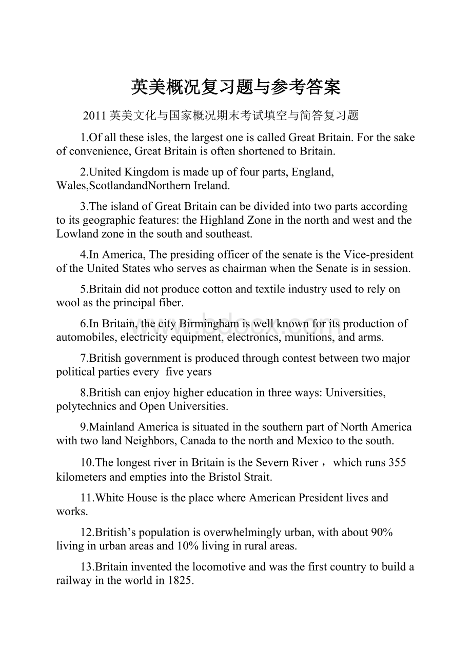 英美概况复习题与参考答案Word文档格式.docx