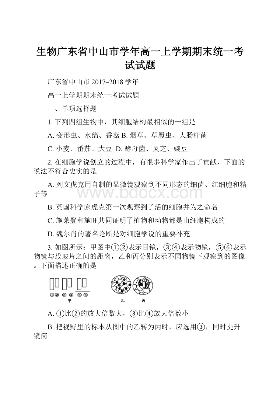 生物广东省中山市学年高一上学期期末统一考试试题.docx_第1页