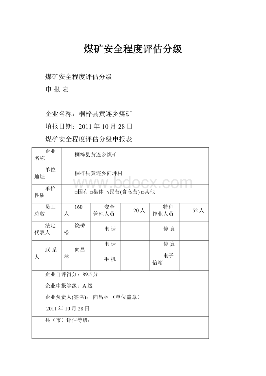 煤矿安全程度评估分级Word文档下载推荐.docx