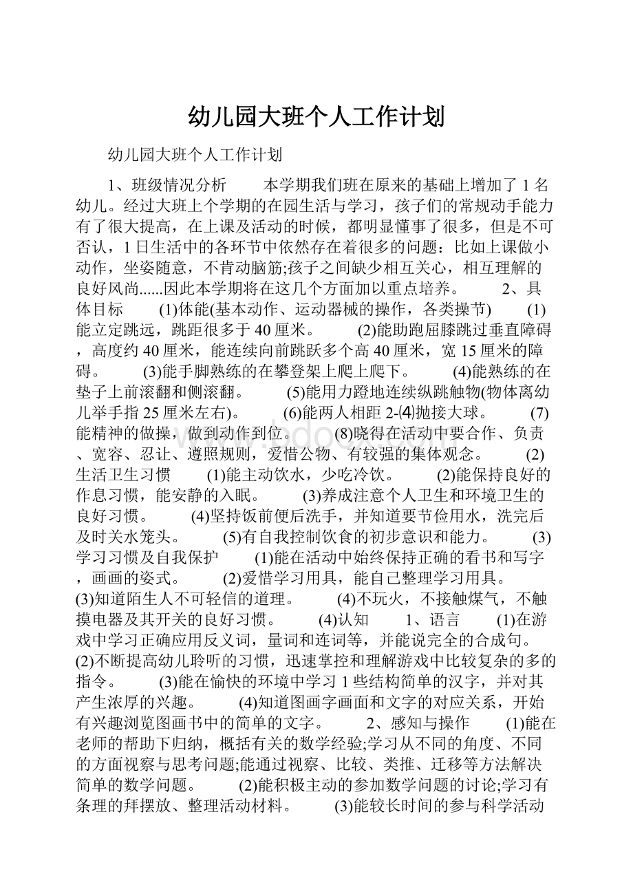 幼儿园大班个人工作计划文档格式.docx_第1页