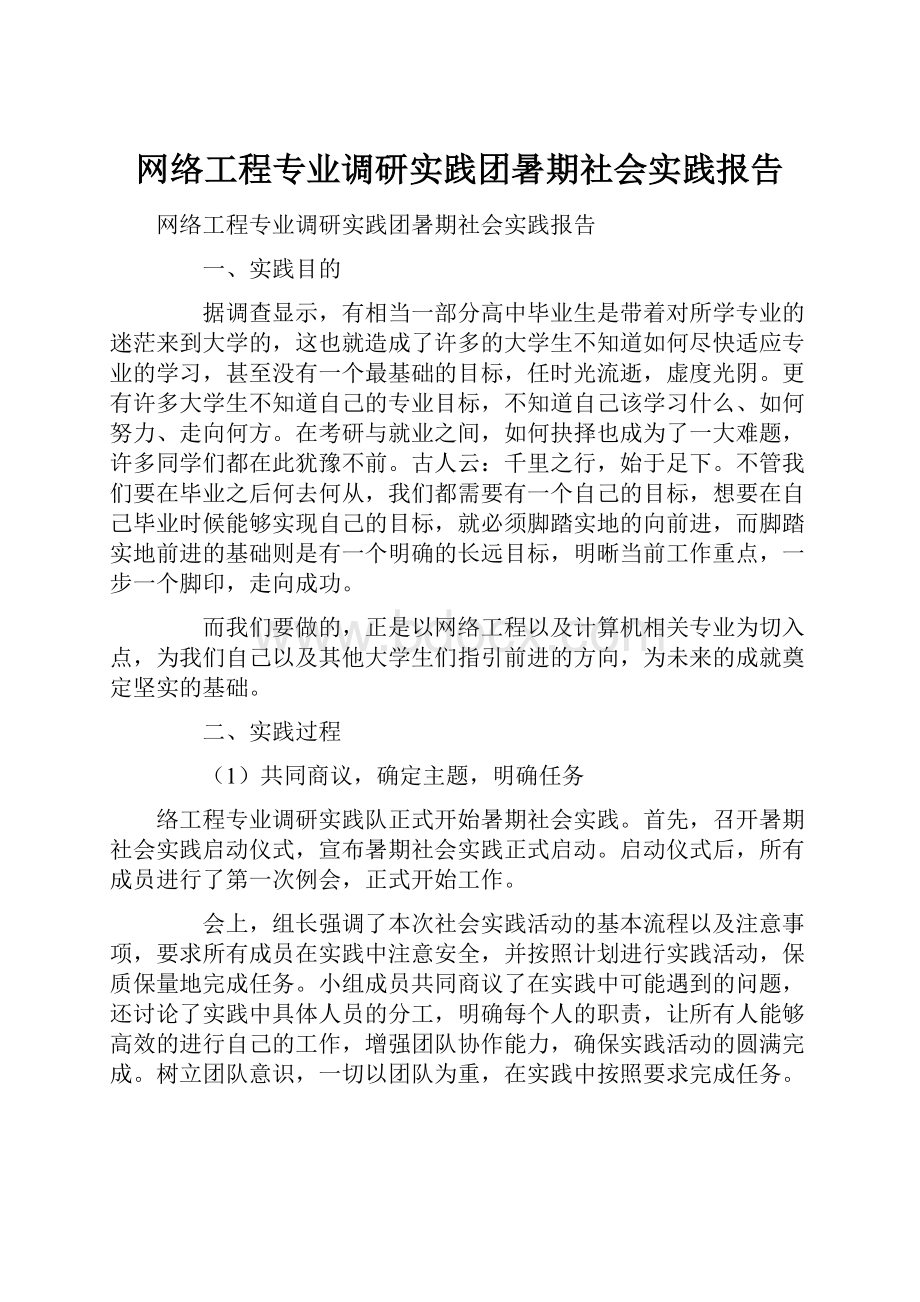 网络工程专业调研实践团暑期社会实践报告Word格式.docx