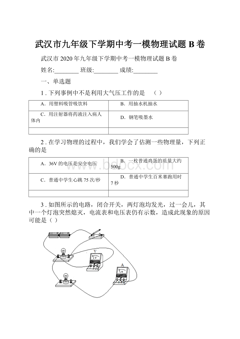 武汉市九年级下学期中考一模物理试题B卷.docx_第1页