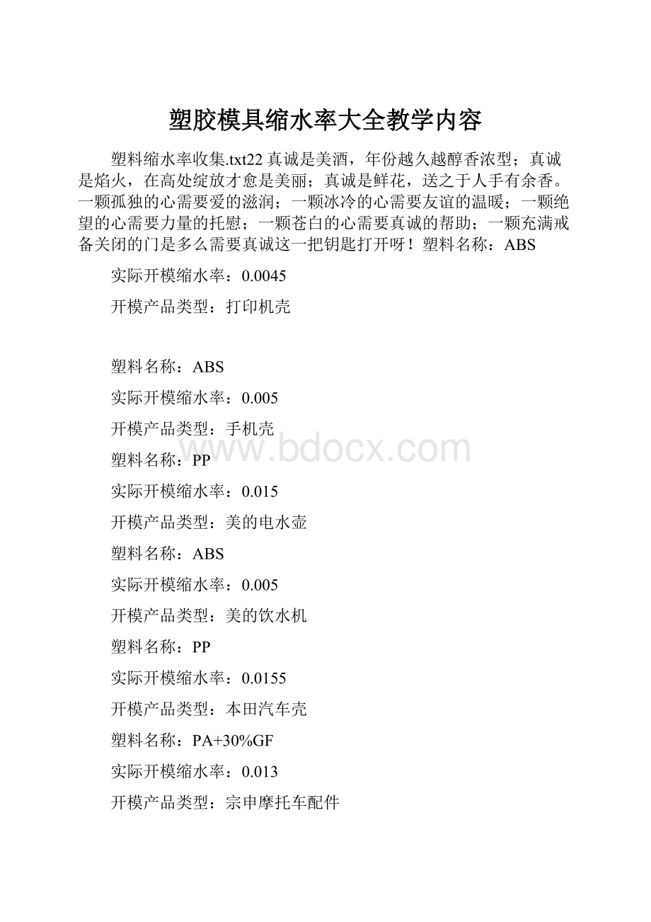 塑胶模具缩水率大全教学内容.docx