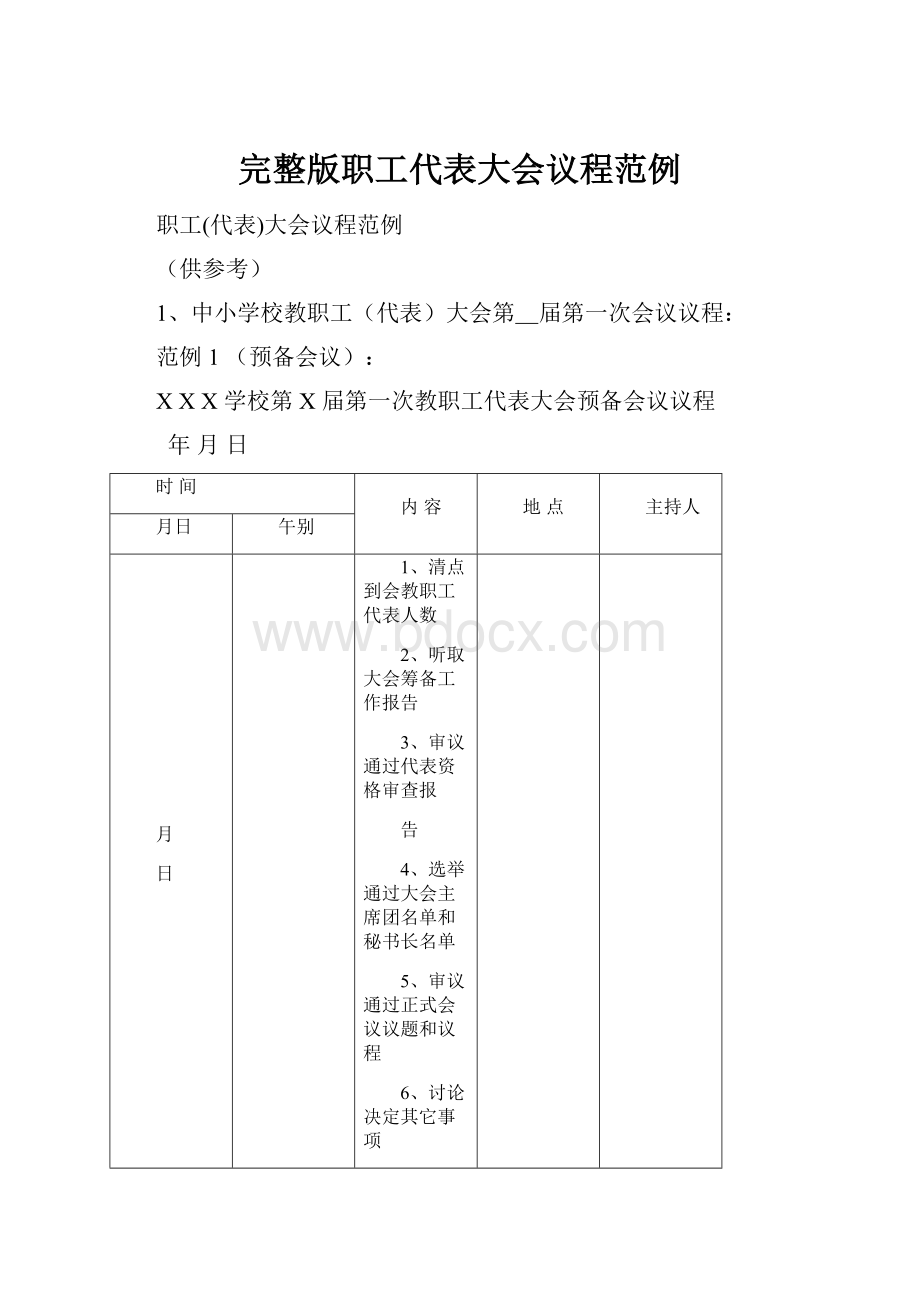 完整版职工代表大会议程范例文档格式.docx_第1页