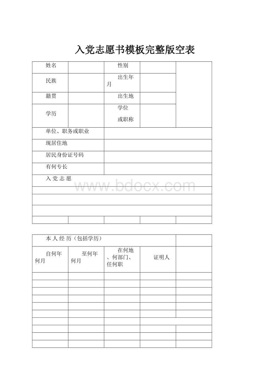 入党志愿书模板完整版空表Word文档下载推荐.docx_第1页