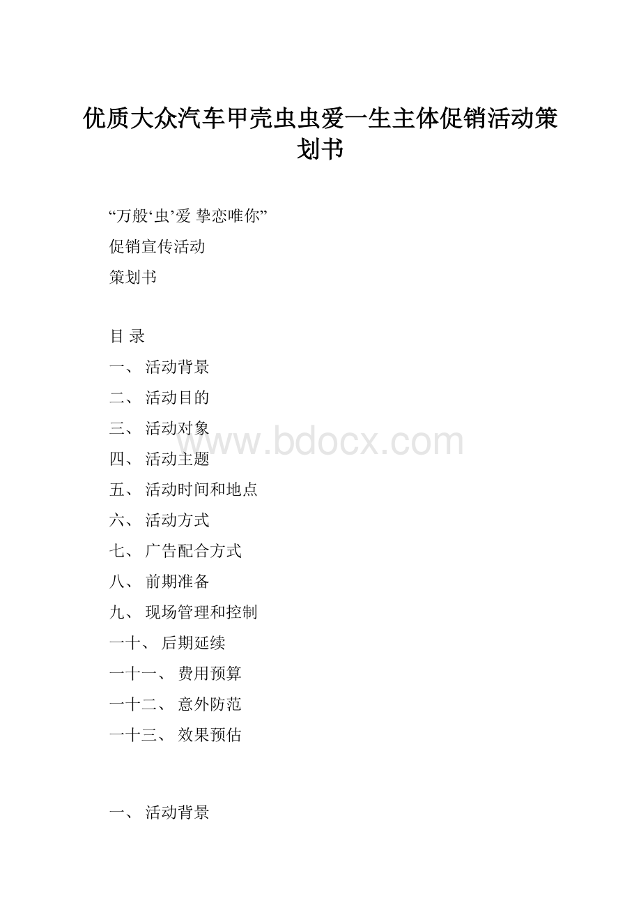 优质大众汽车甲壳虫虫爱一生主体促销活动策划书.docx