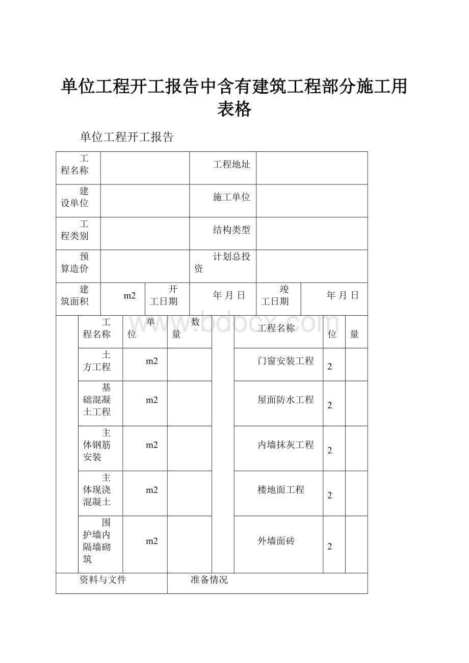 单位工程开工报告中含有建筑工程部分施工用表格.docx_第1页