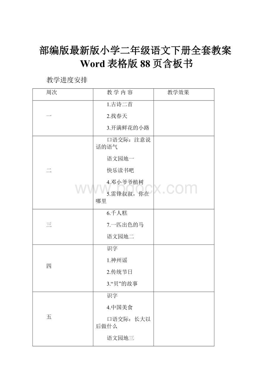 部编版最新版小学二年级语文下册全套教案Word表格版88页含板书Word格式.docx_第1页