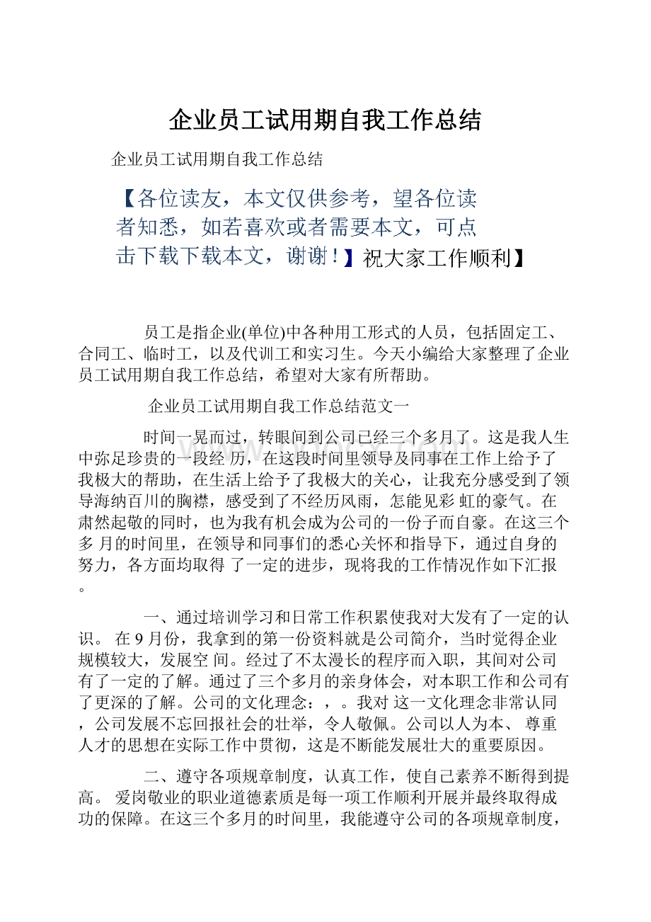 企业员工试用期自我工作总结.docx_第1页