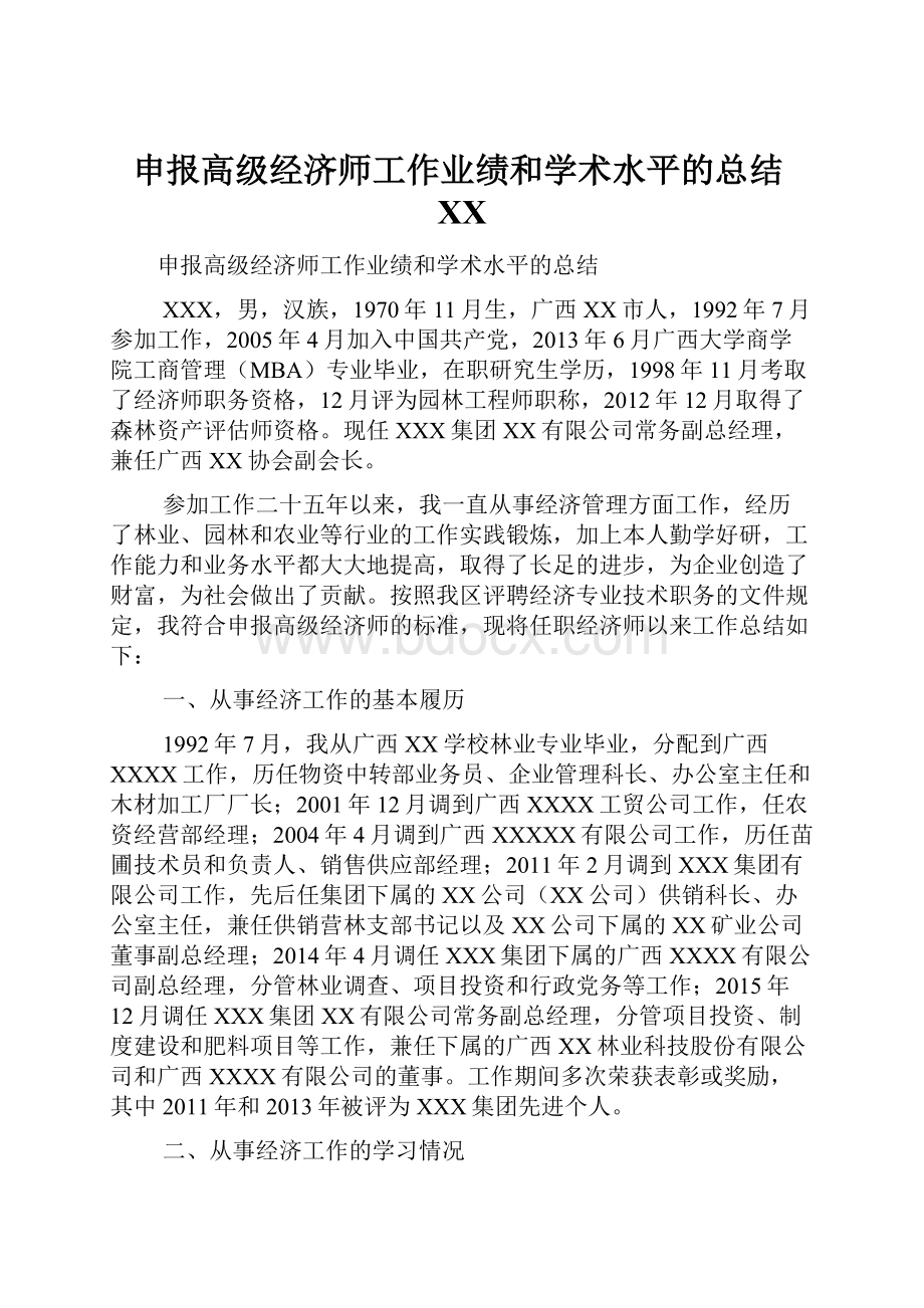 申报高级经济师工作业绩和学术水平的总结百度Word文件下载.docx