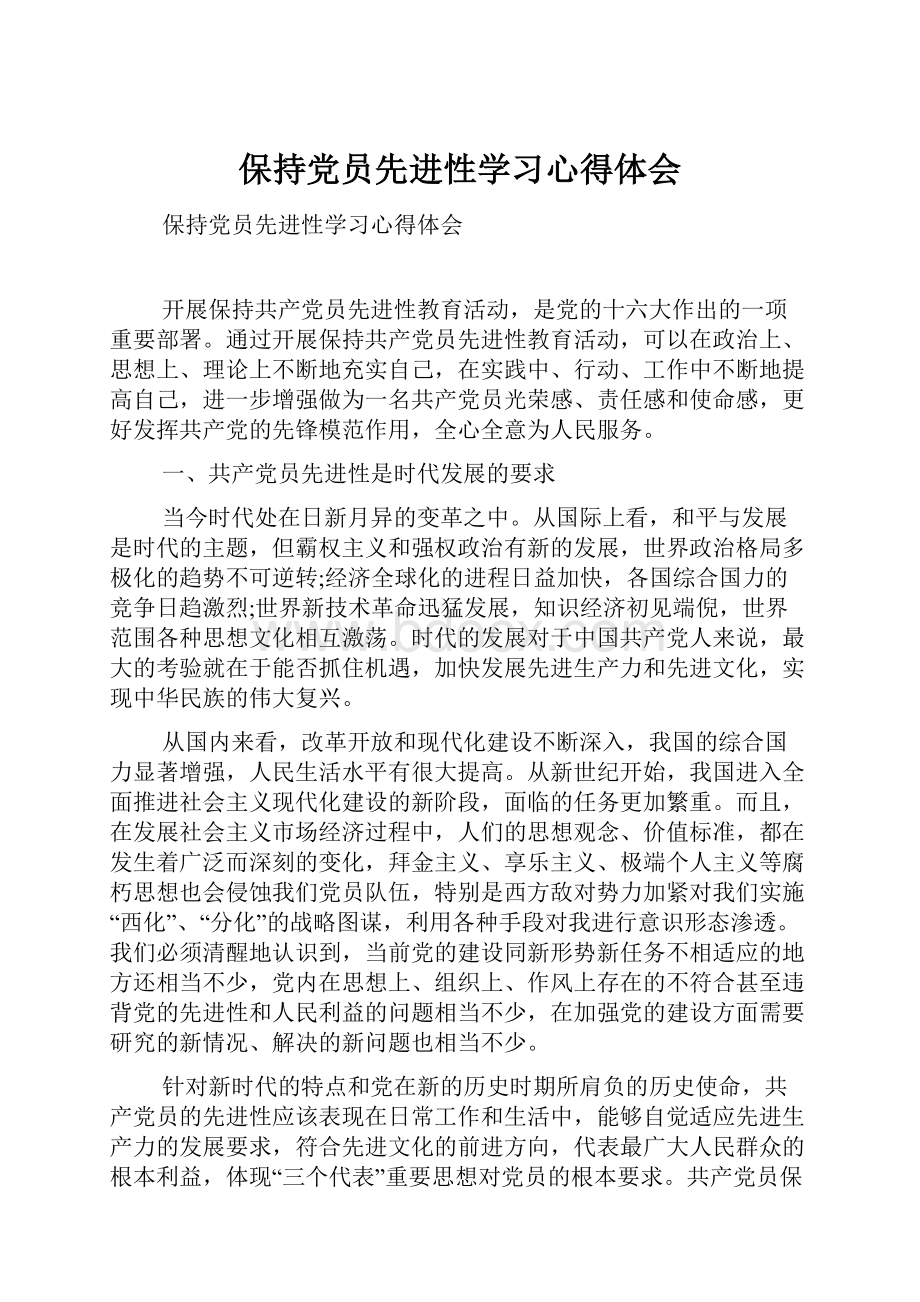 保持党员先进性学习心得体会Word格式.docx