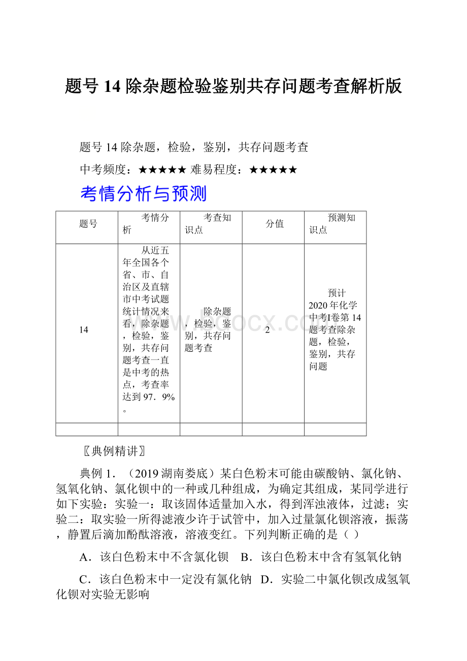 题号14除杂题检验鉴别共存问题考查解析版.docx