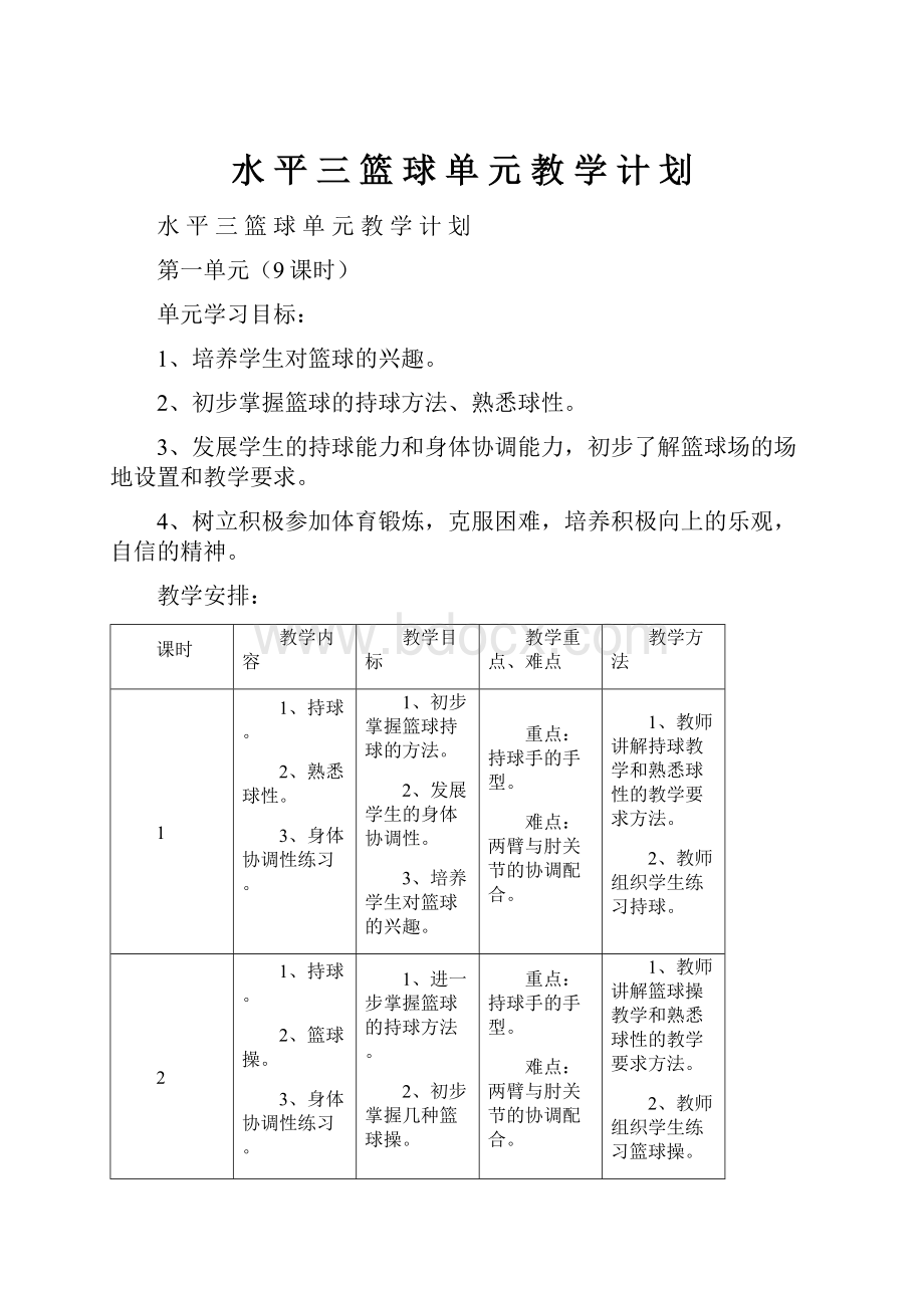 水 平 三 篮 球 单 元 教 学 计 划.docx_第1页