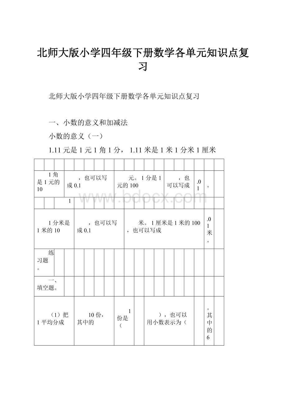 北师大版小学四年级下册数学各单元知识点复习.docx