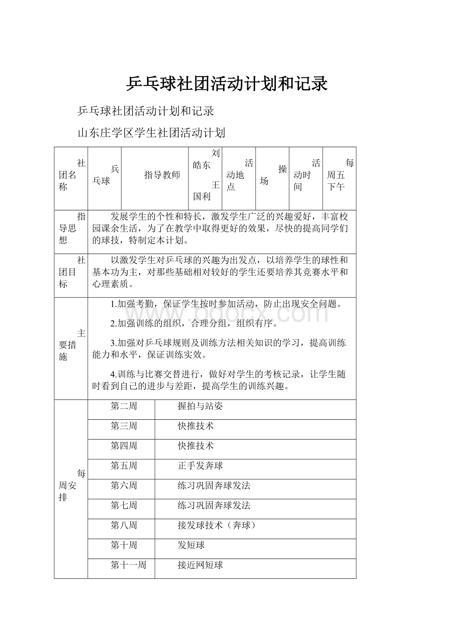 乒乓球社团活动计划和记录Word下载.docx