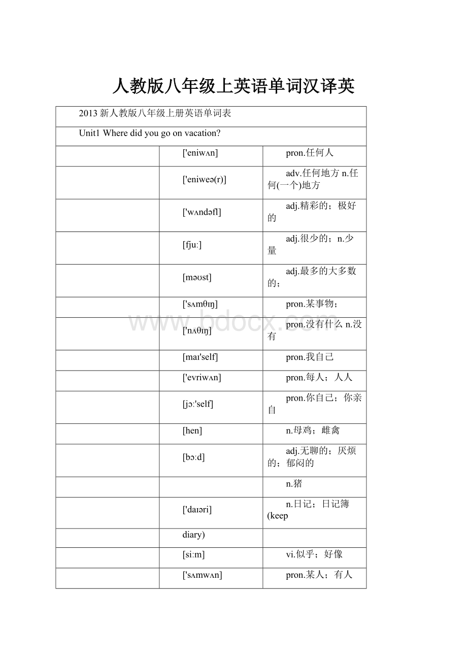 人教版八年级上英语单词汉译英Word文档格式.docx_第1页