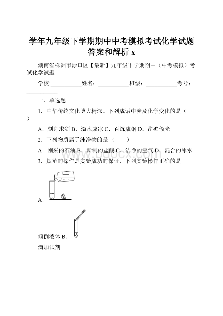 学年九年级下学期期中中考模拟考试化学试题 答案和解析xWord下载.docx