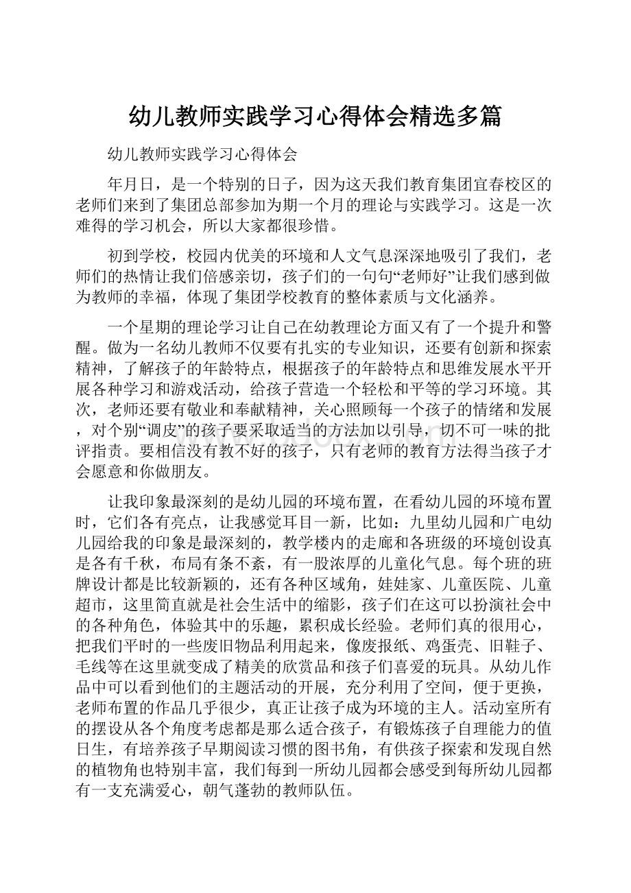 幼儿教师实践学习心得体会精选多篇.docx_第1页