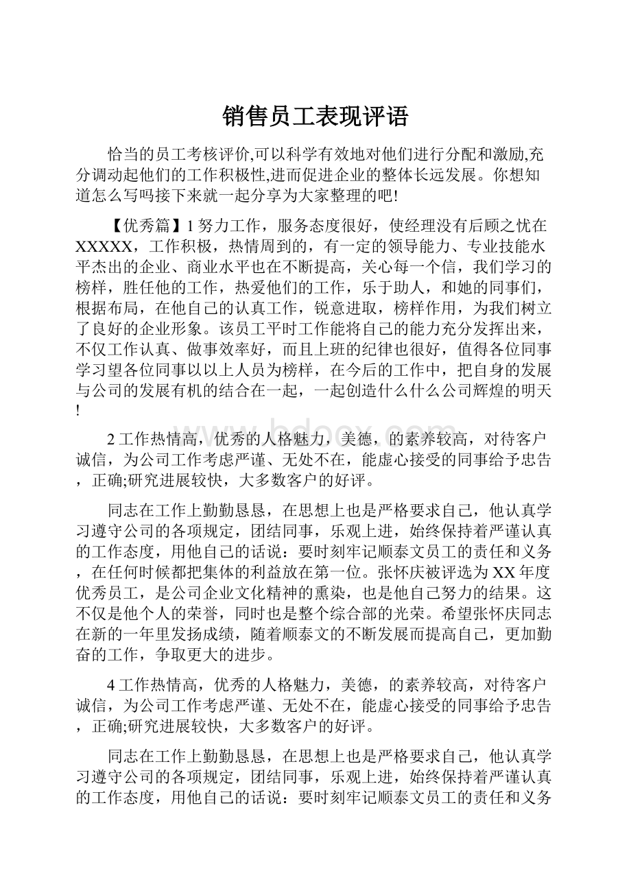 销售员工表现评语Word格式文档下载.docx