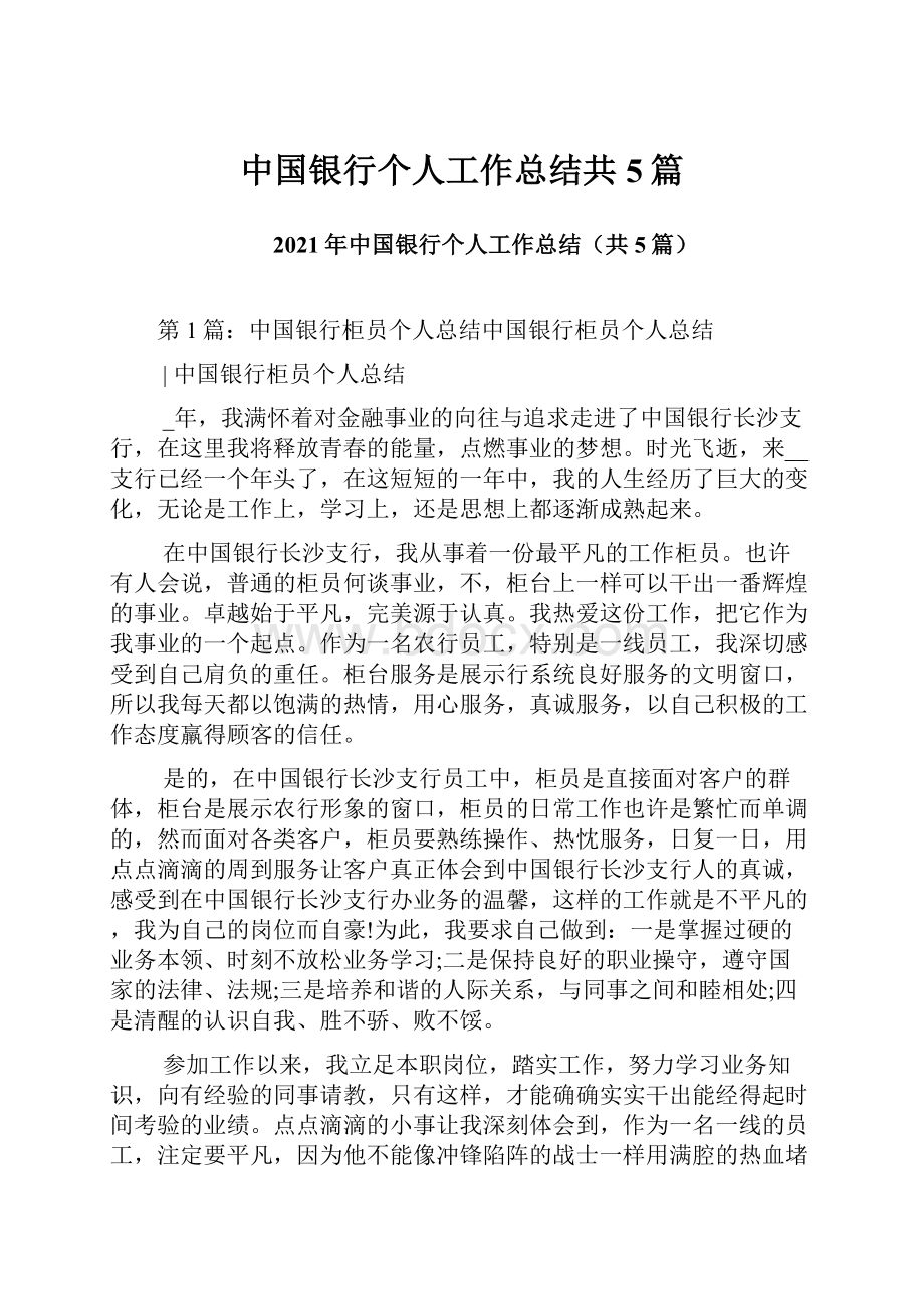 中国银行个人工作总结共5篇Word格式文档下载.docx