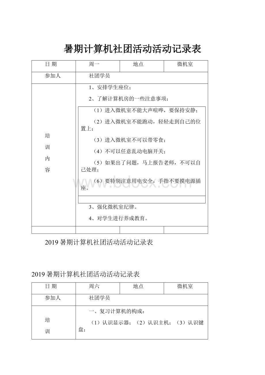 暑期计算机社团活动活动记录表Word格式.docx