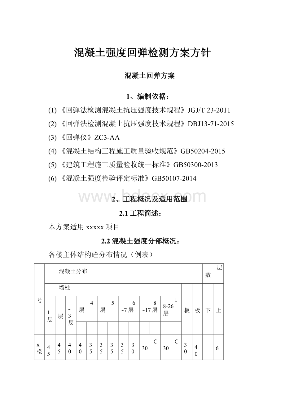 混凝土强度回弹检测方案方针Word格式.docx