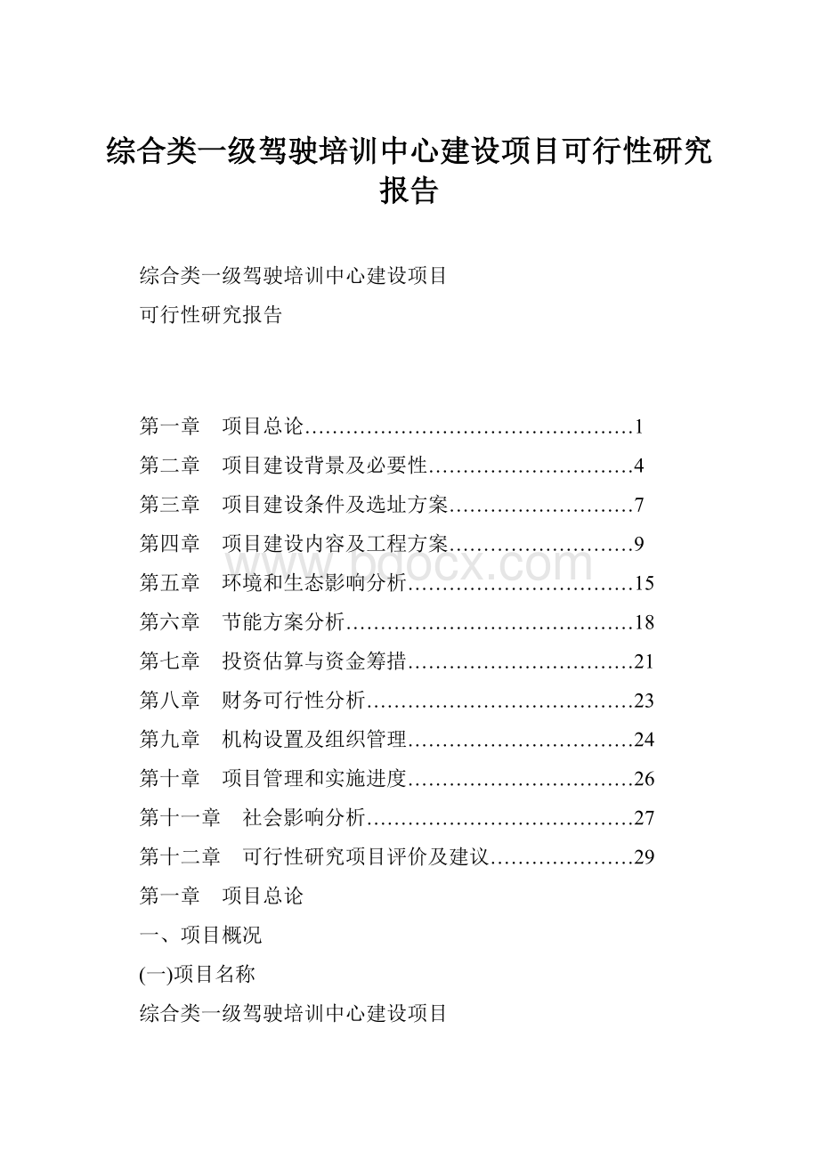 综合类一级驾驶培训中心建设项目可行性研究报告文档格式.docx