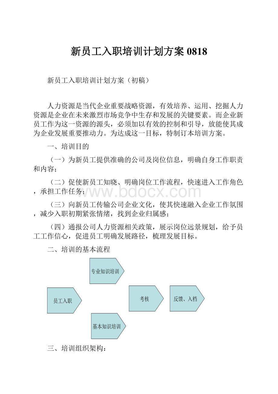 新员工入职培训计划方案0818Word格式文档下载.docx