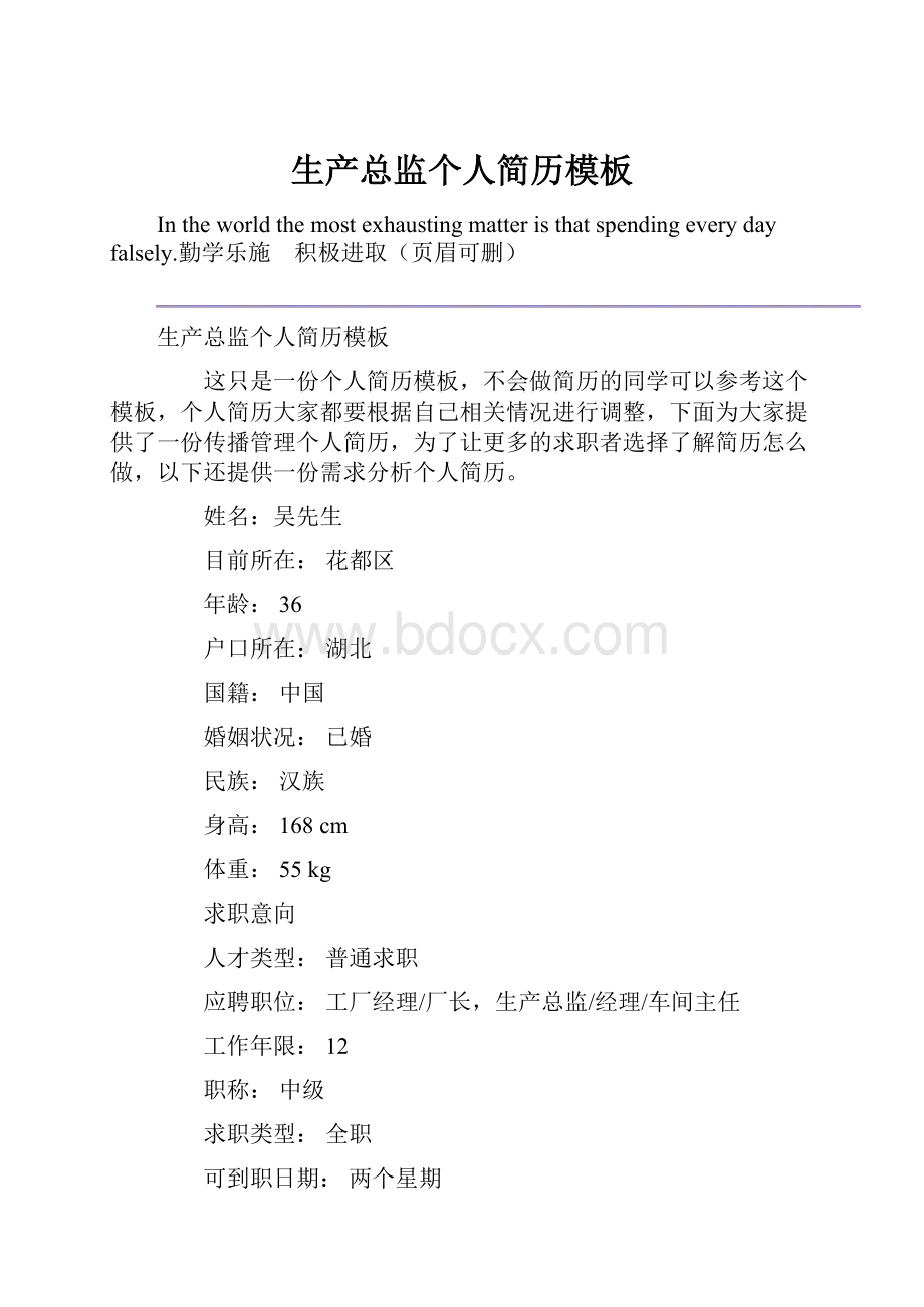 生产总监个人简历模板Word格式文档下载.docx