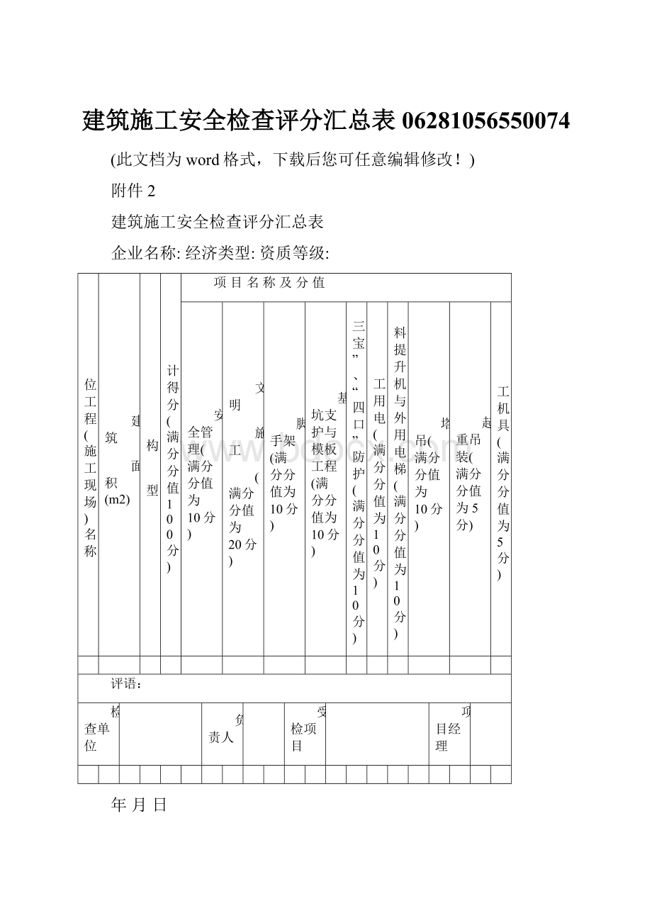 建筑施工安全检查评分汇总表06281056550074Word文档下载推荐.docx