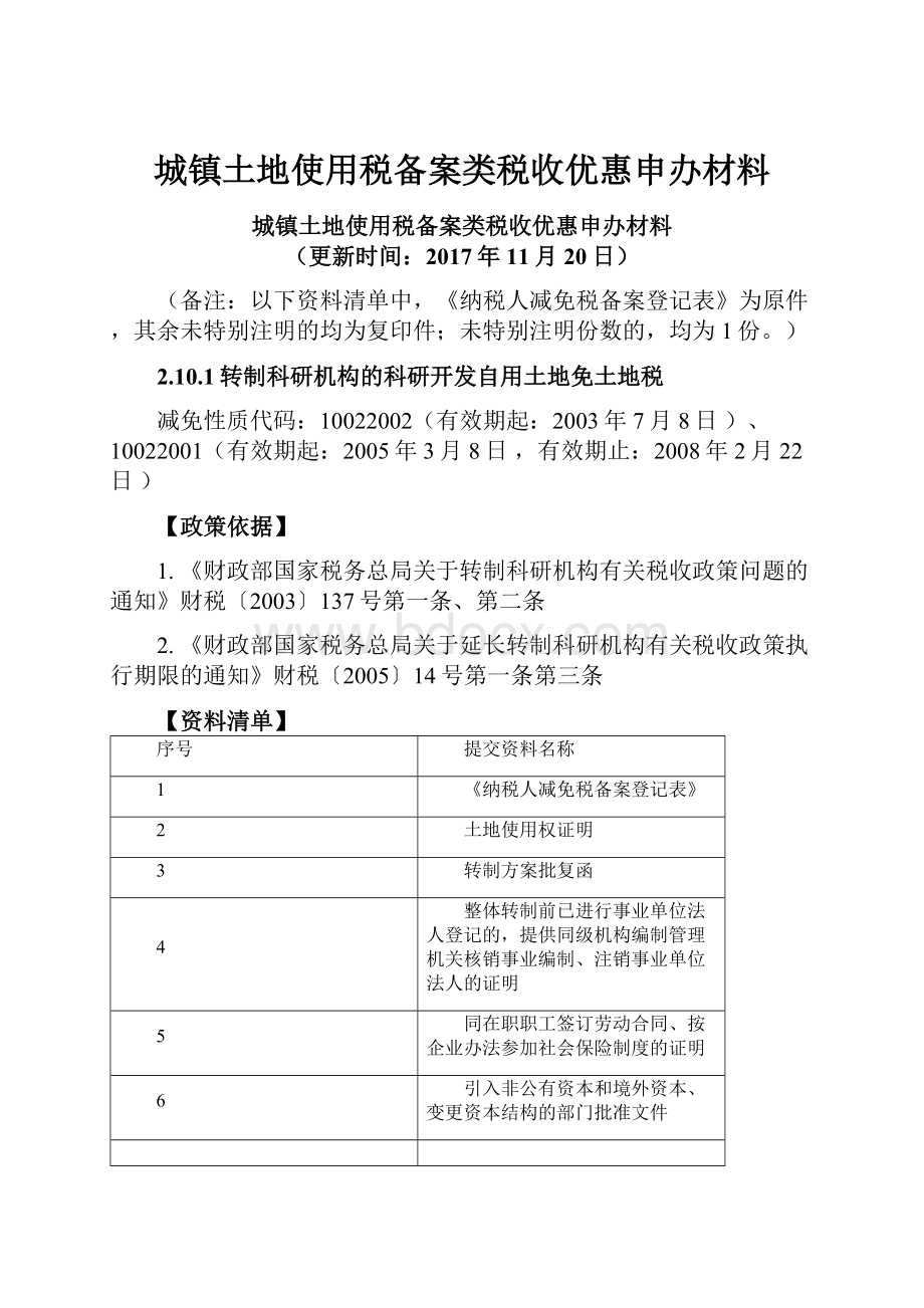 城镇土地使用税备案类税收优惠申办材料.docx_第1页