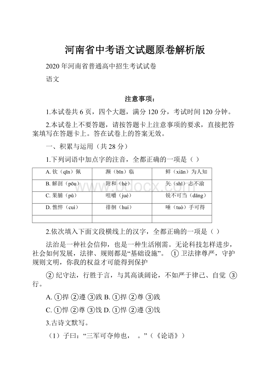 河南省中考语文试题原卷解析版.docx_第1页