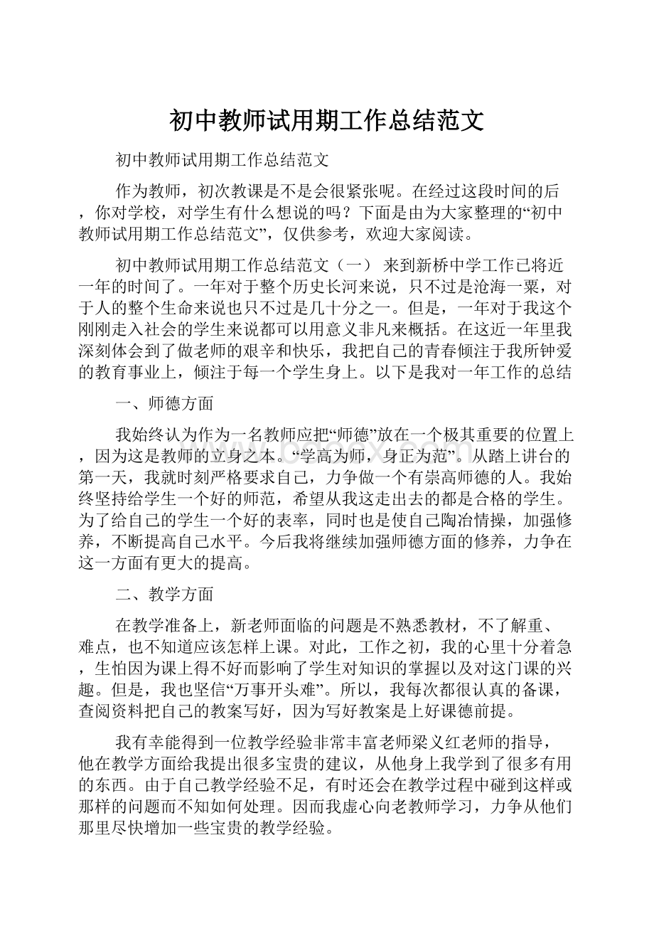 初中教师试用期工作总结范文Word格式文档下载.docx_第1页