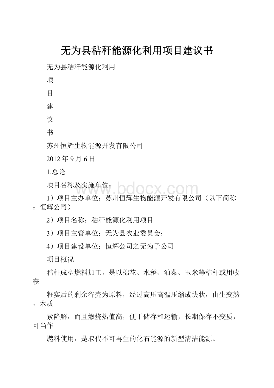 无为县秸秆能源化利用项目建议书Word文档下载推荐.docx