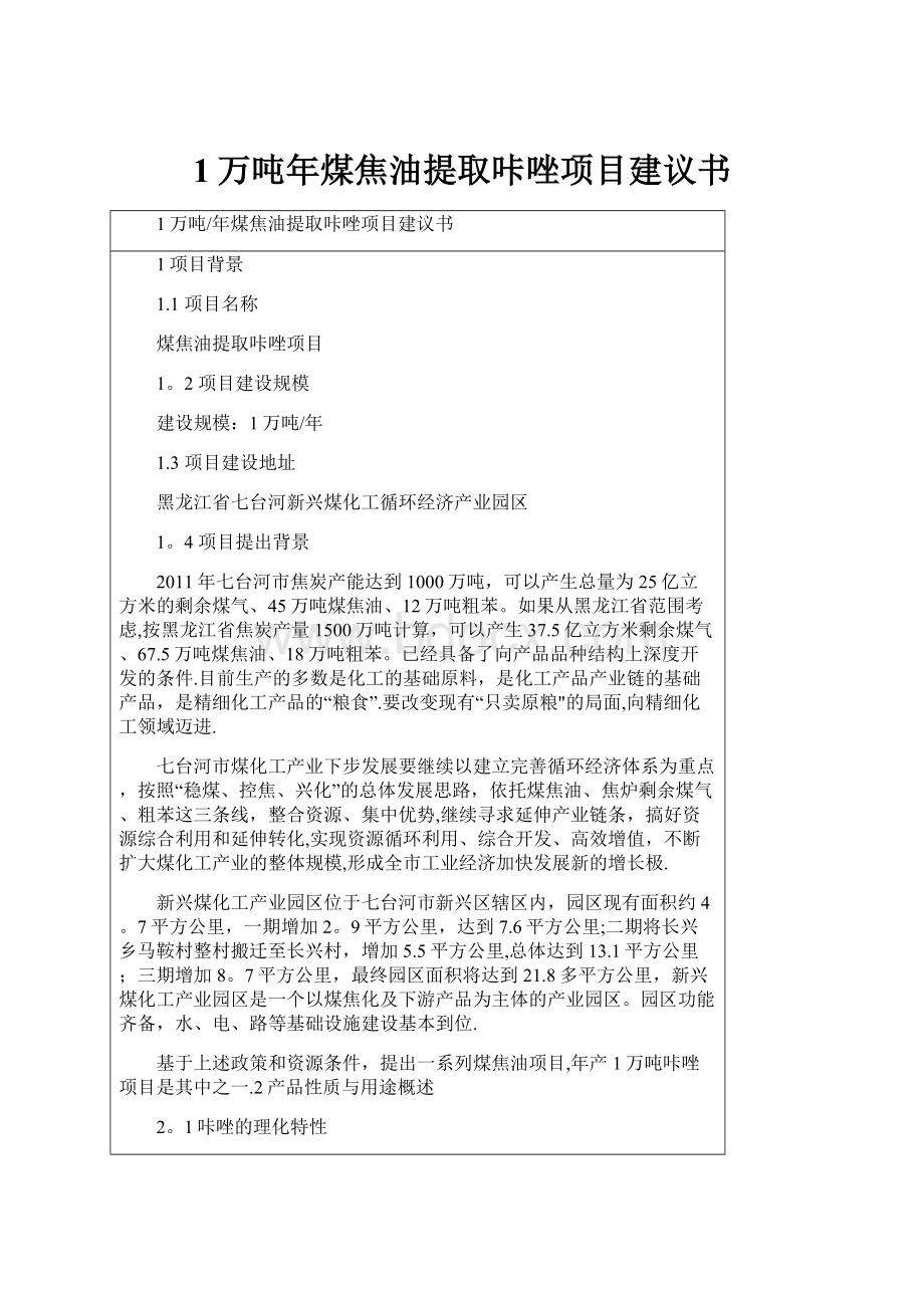 1万吨年煤焦油提取咔唑项目建议书Word格式文档下载.docx_第1页