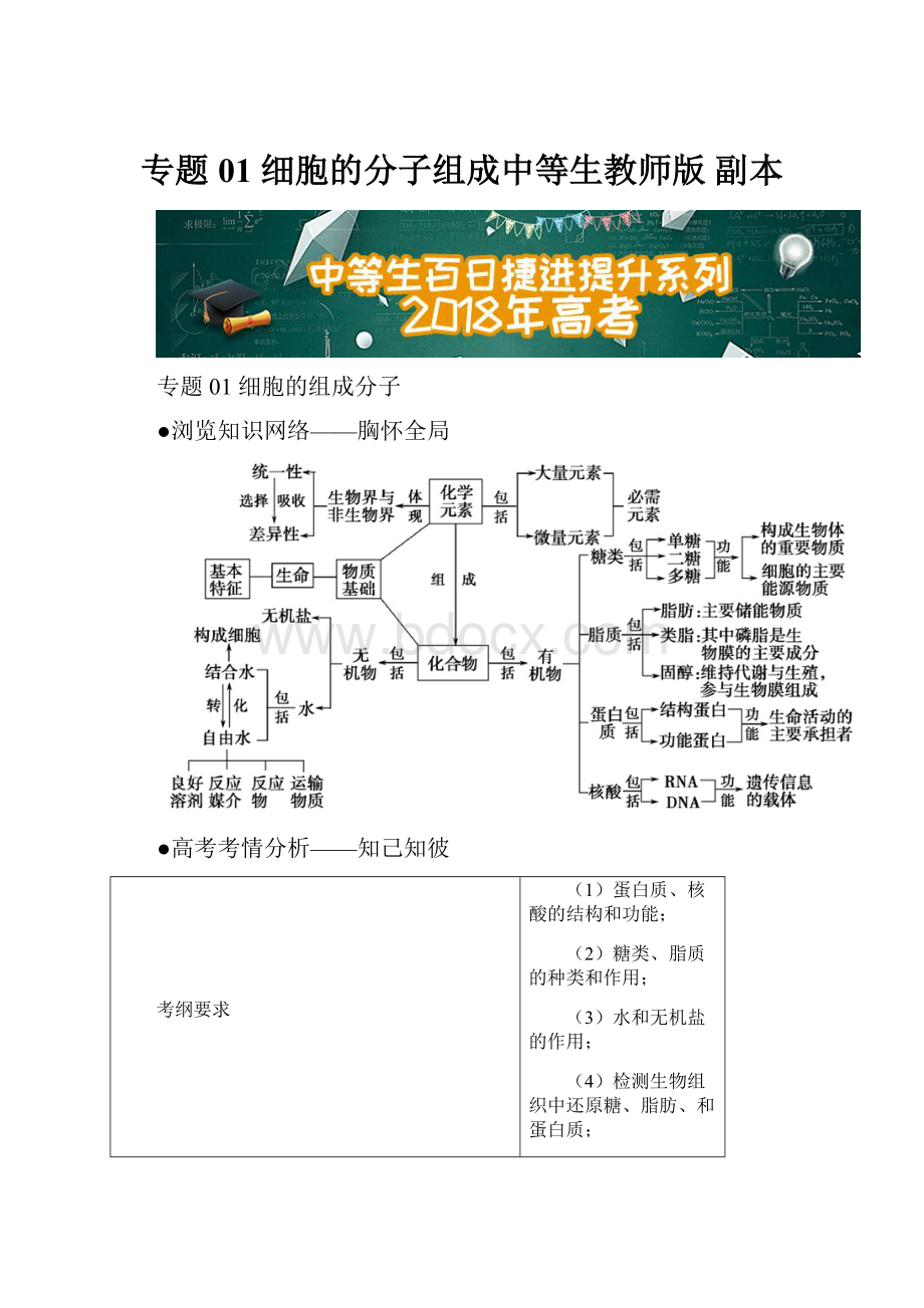 专题01细胞的分子组成中等生教师版副本Word下载.docx