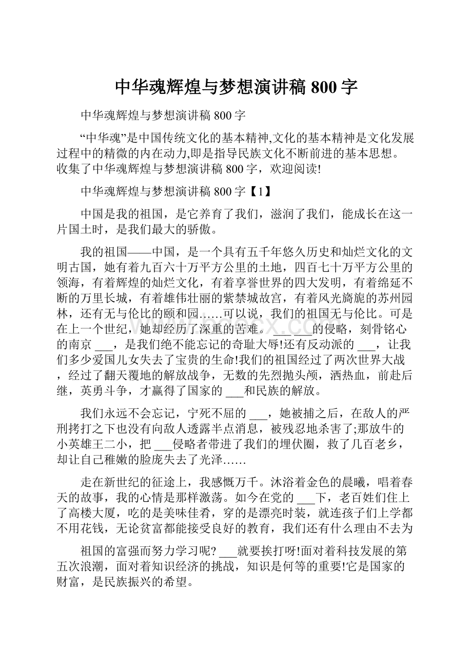 中华魂辉煌与梦想演讲稿800字Word格式文档下载.docx_第1页