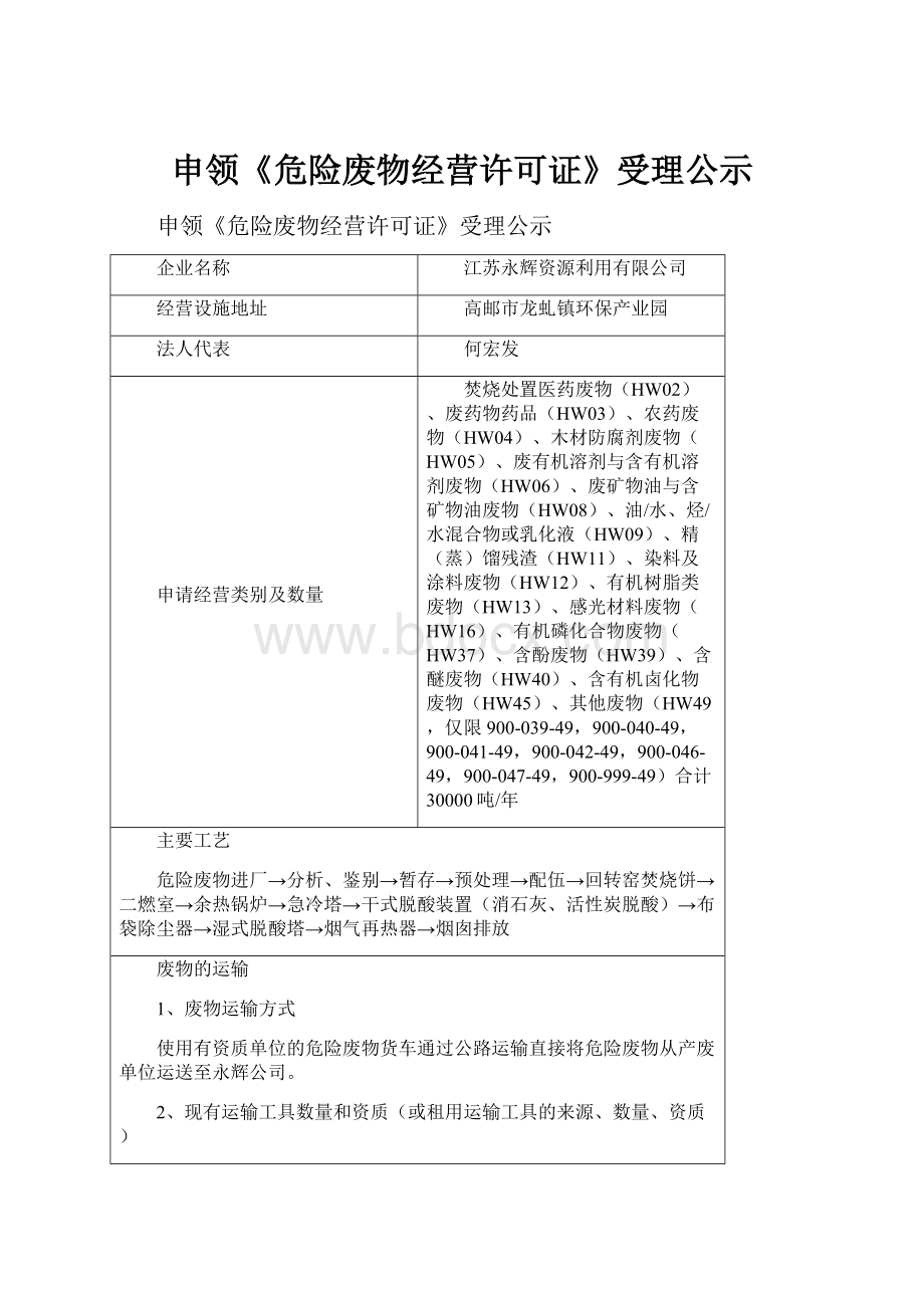 申领《危险废物经营许可证》受理公示Word文档格式.docx