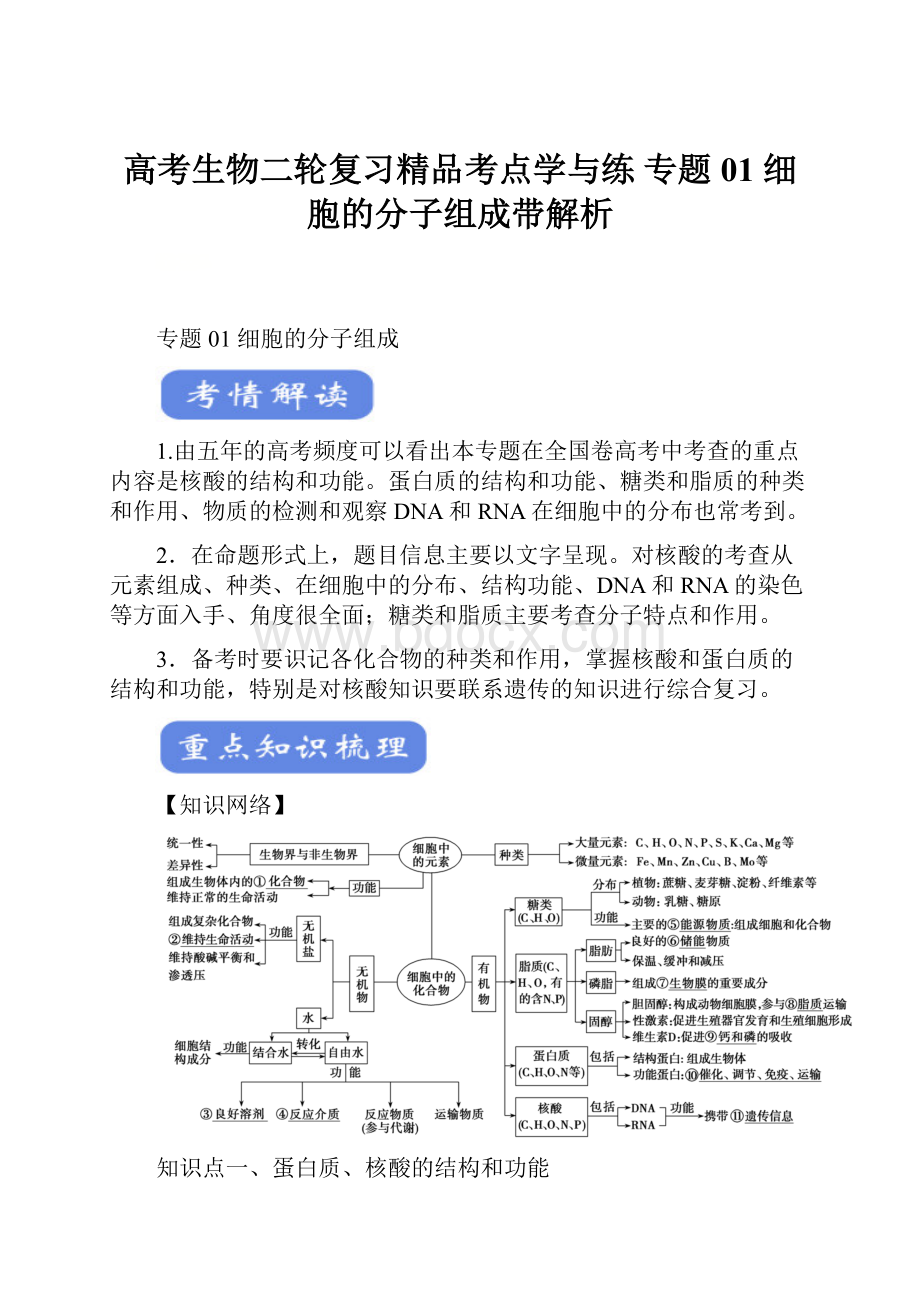 高考生物二轮复习精品考点学与练 专题01 细胞的分子组成带解析.docx