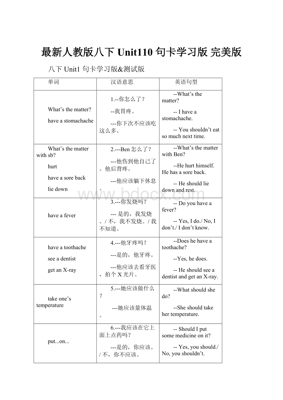 最新人教版八下 Unit110 句卡学习版 完美版Word下载.docx_第1页