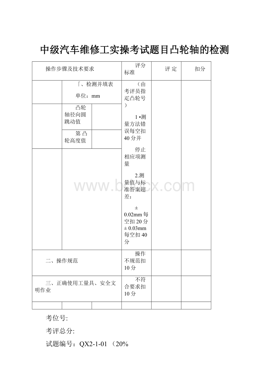 中级汽车维修工实操考试题目凸轮轴的检测.docx