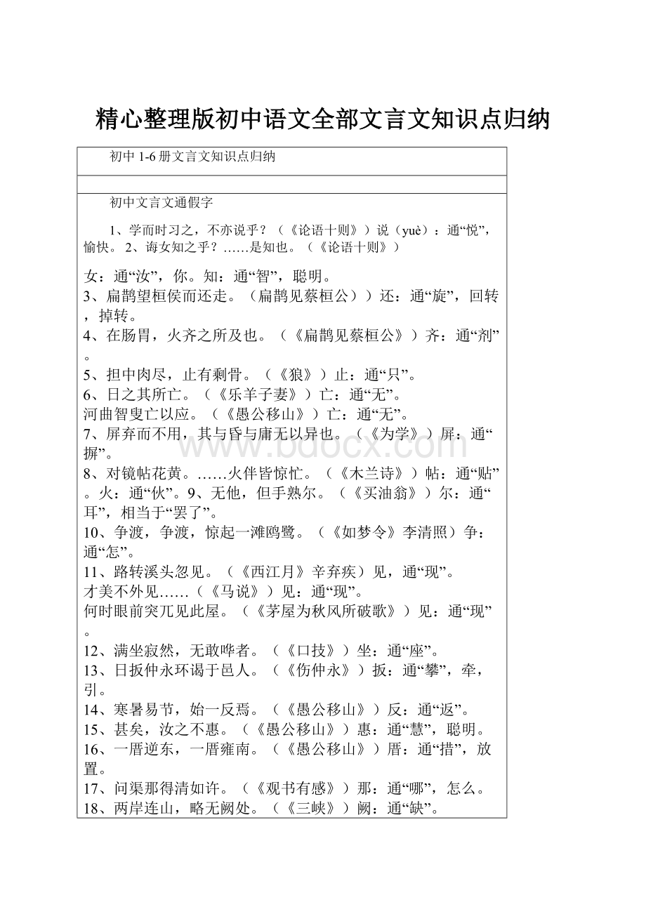 精心整理版初中语文全部文言文知识点归纳.docx