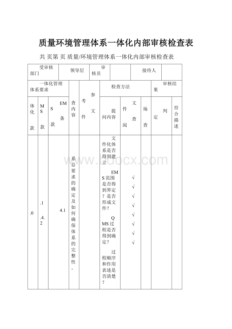 质量环境管理体系一体化内部审核检查表Word文档格式.docx