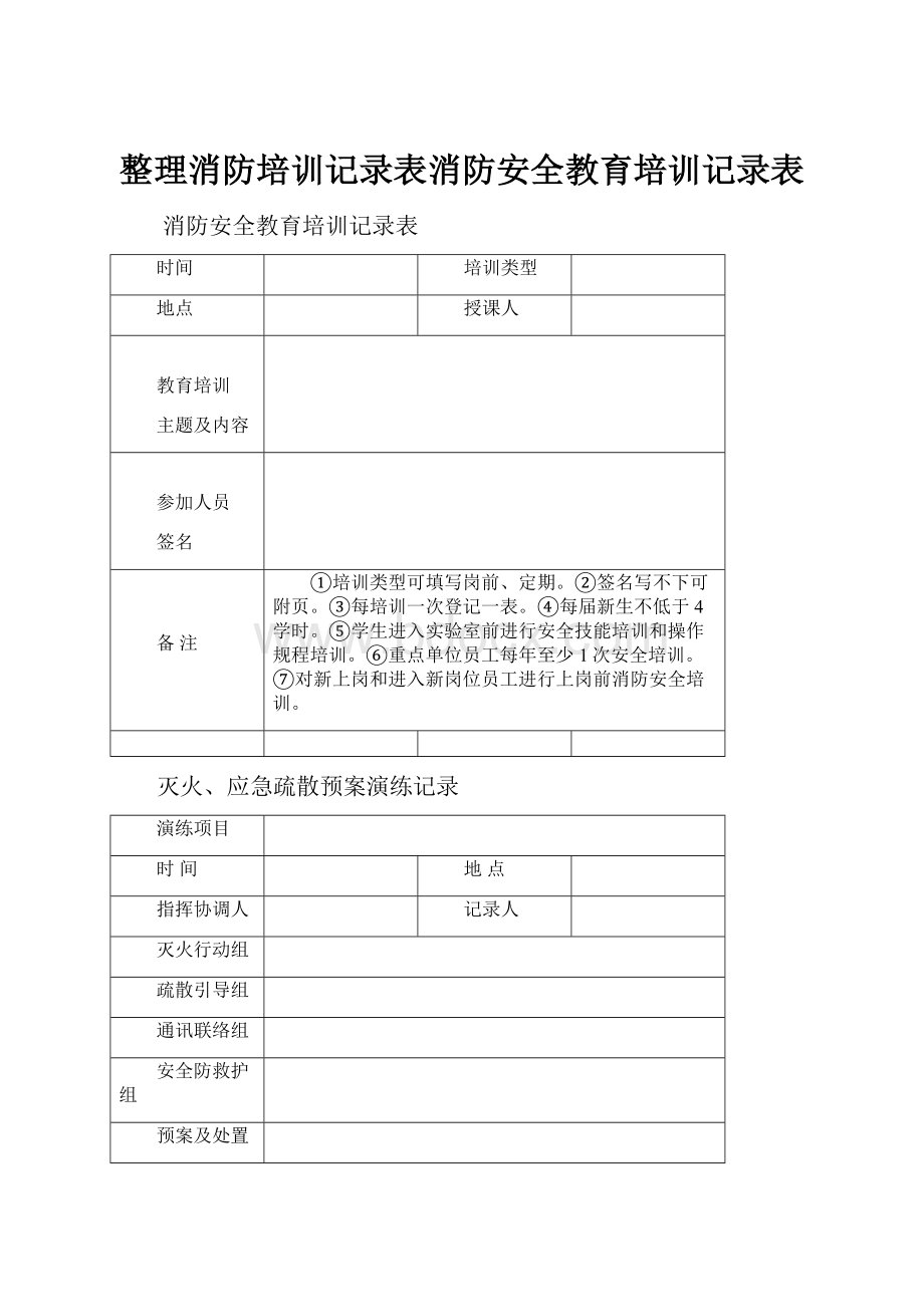 整理消防培训记录表消防安全教育培训记录表文档格式.docx_第1页