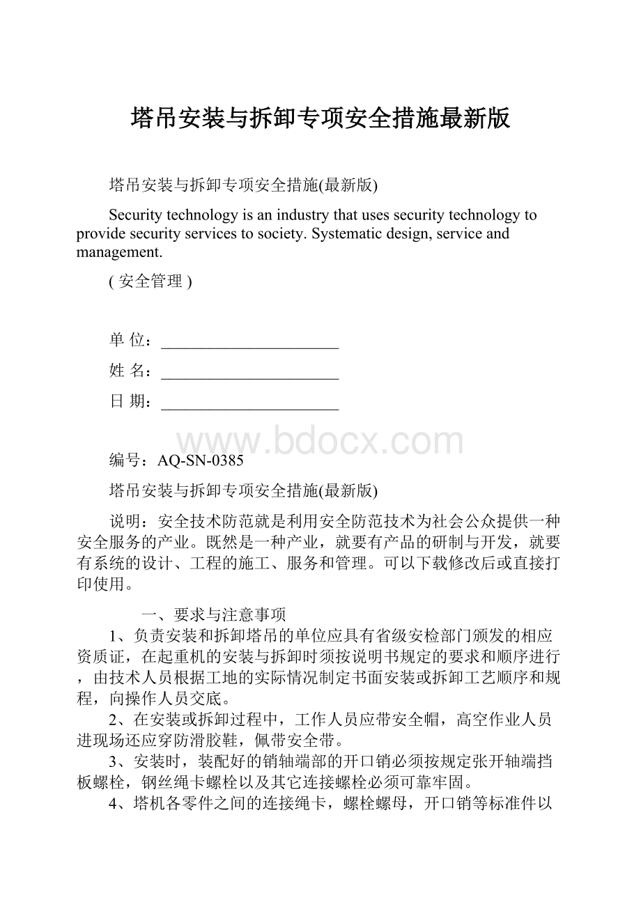 塔吊安装与拆卸专项安全措施最新版文档格式.docx