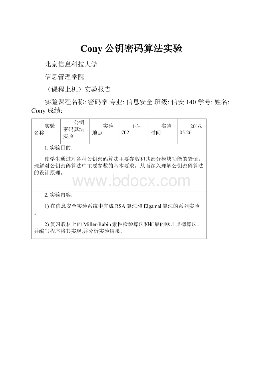 Cony公钥密码算法实验.docx