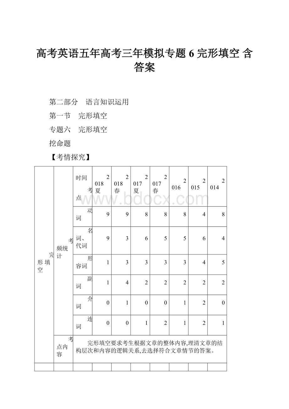 高考英语五年高考三年模拟专题6 完形填空 含答案Word下载.docx