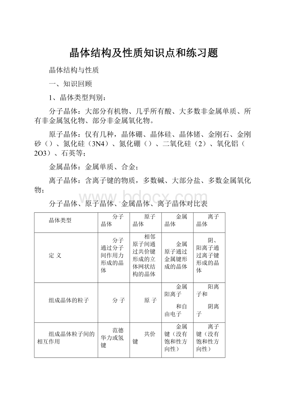 晶体结构及性质知识点和练习题.docx_第1页